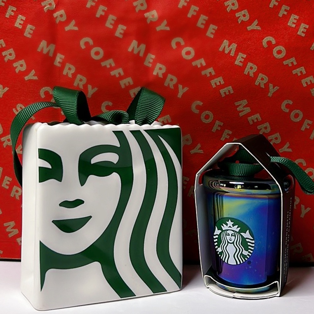 Starbucks Ornament Iridescent Oil Slick Cup Ceramic Bag‎ w/ Ribbon Handle